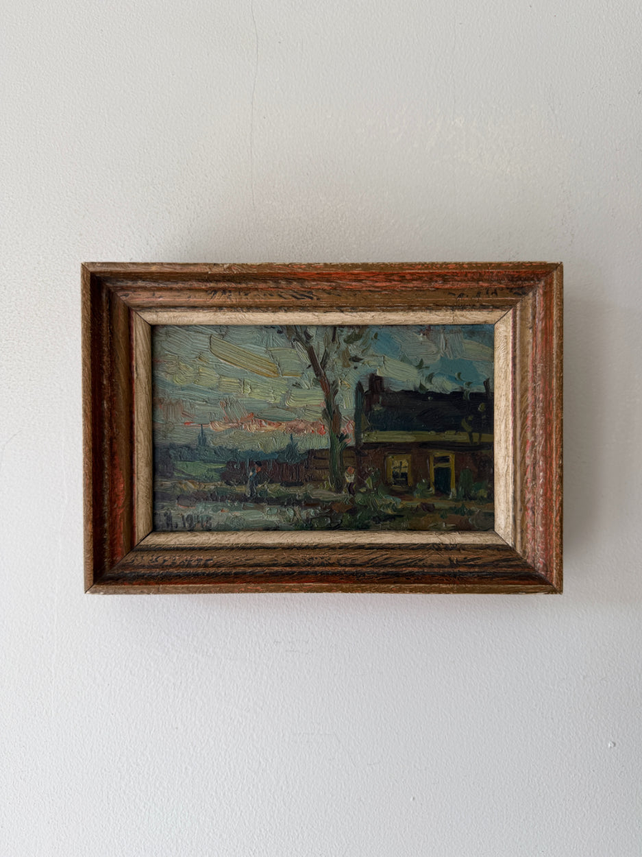Framed vintage oil painting of a landscape with a tree and cottage. Available at Hue. 