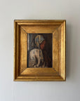 Small framed vintage oil painting of a female figure in a headscarf with a wide gilt frame. Available at Hue.