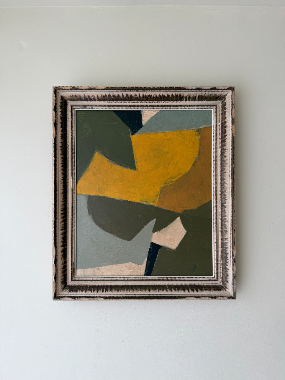 Framed contemporary oil painting of abstract geometric shapes. Available at Hue.