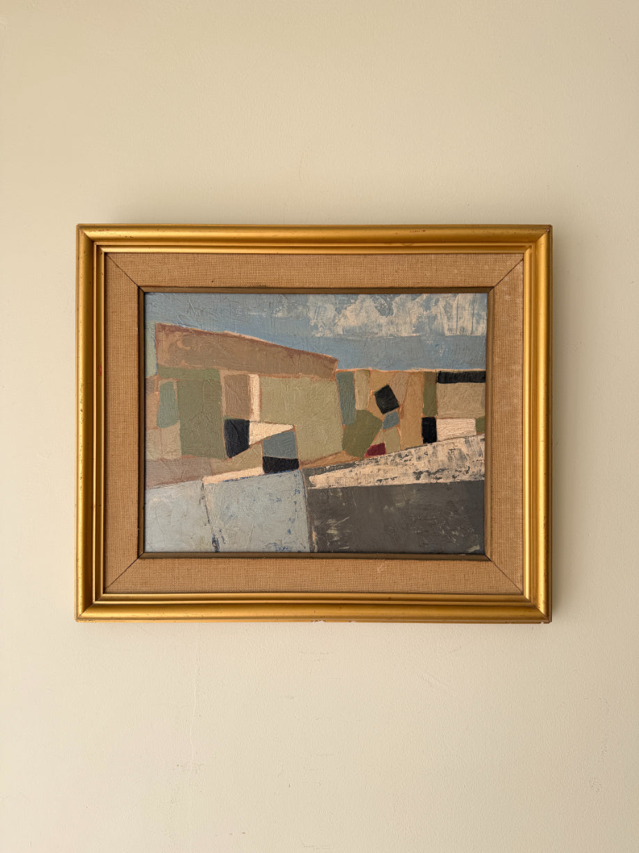 Framed vintage abstract oil painting of cubist houses. Available at Hue. 