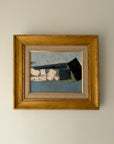 A framed abstract oil painting featuring blue, black, and white geometric shapes, housed in a rustic gold-toned wooden frame. Available at Hue.