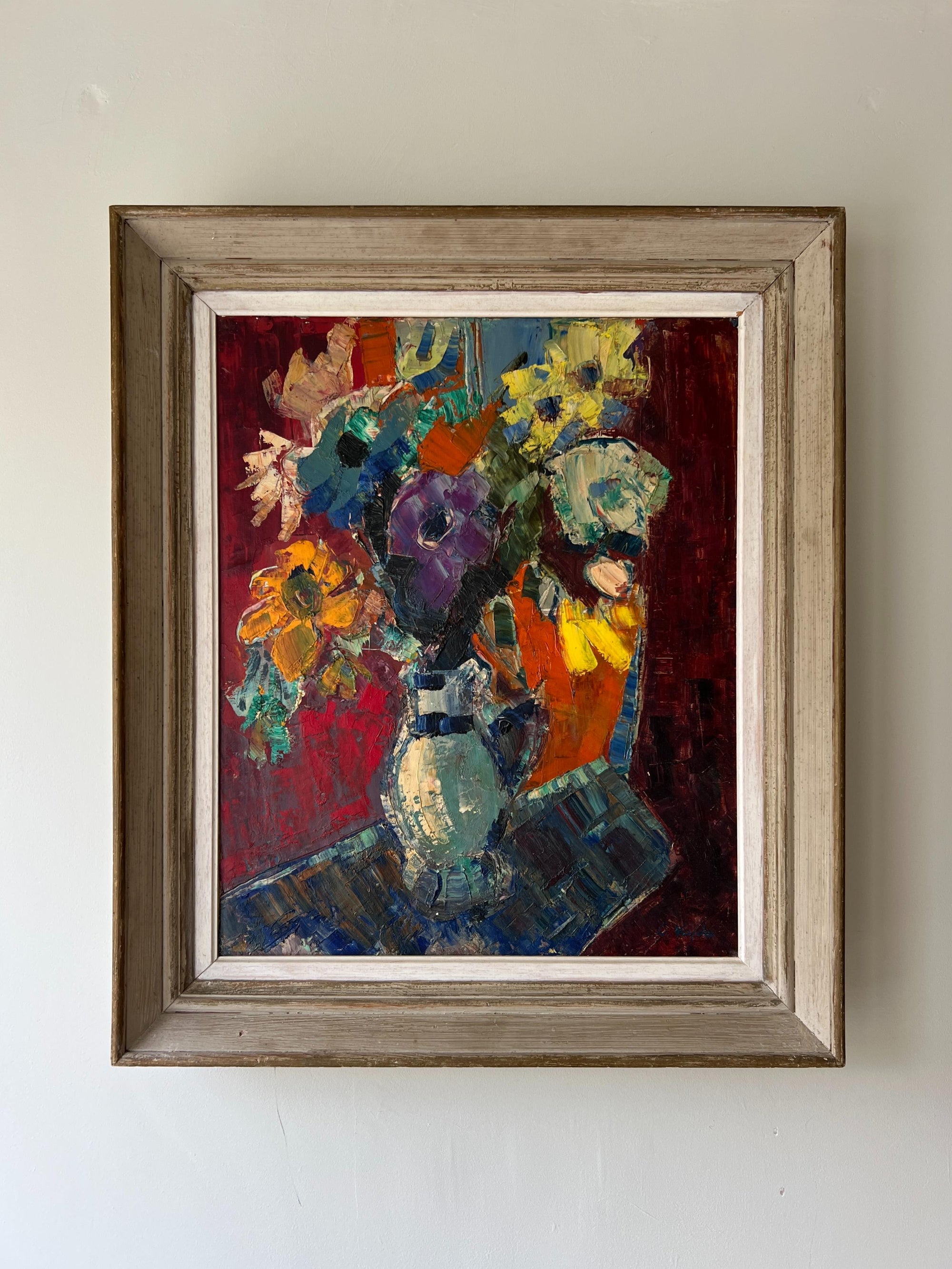 Framed vintage oil painting of a colorful bouquet of anemones, available at Hue