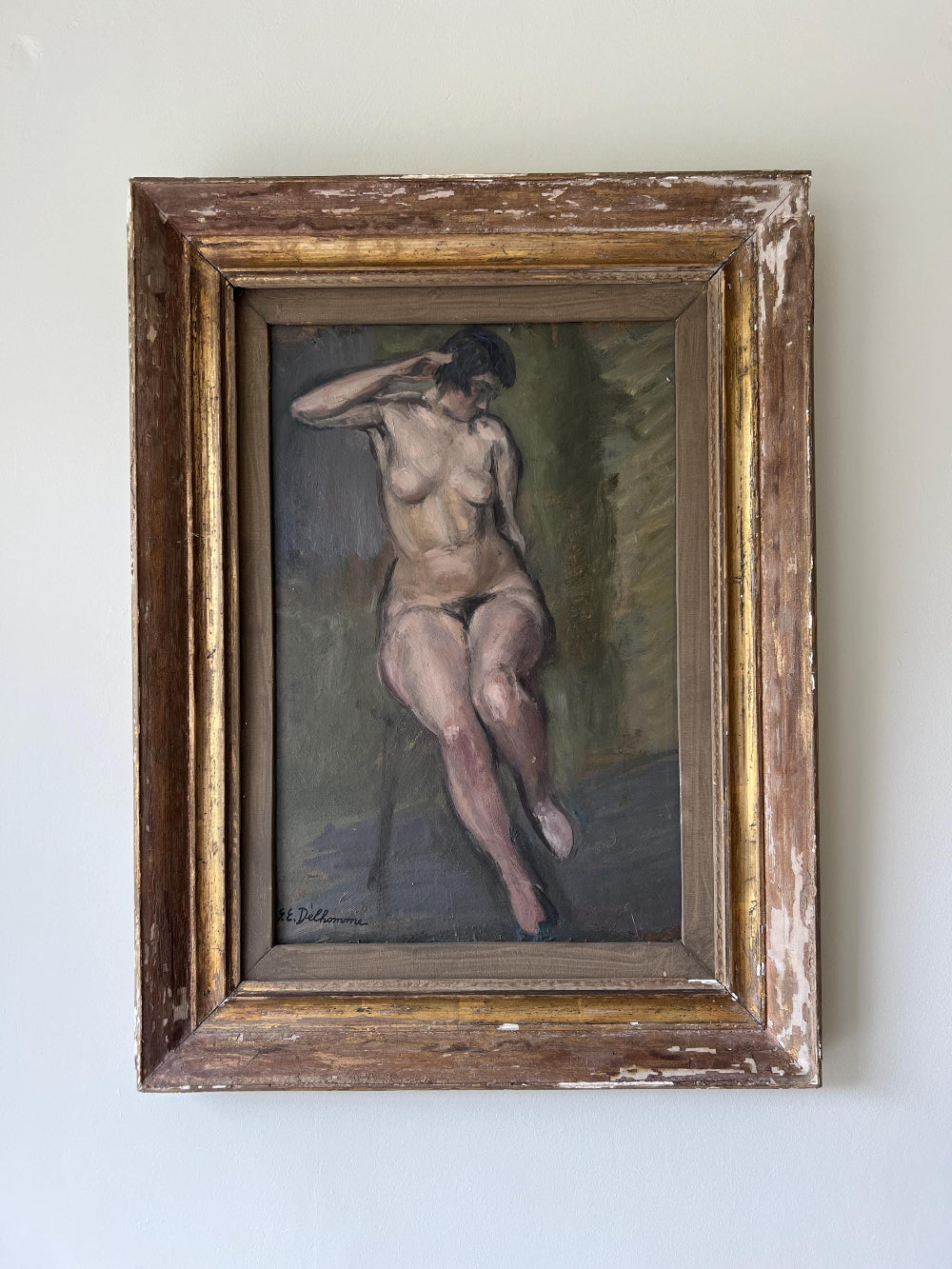 Framed painting of a nude figure in a worn vintage frame. available from hue