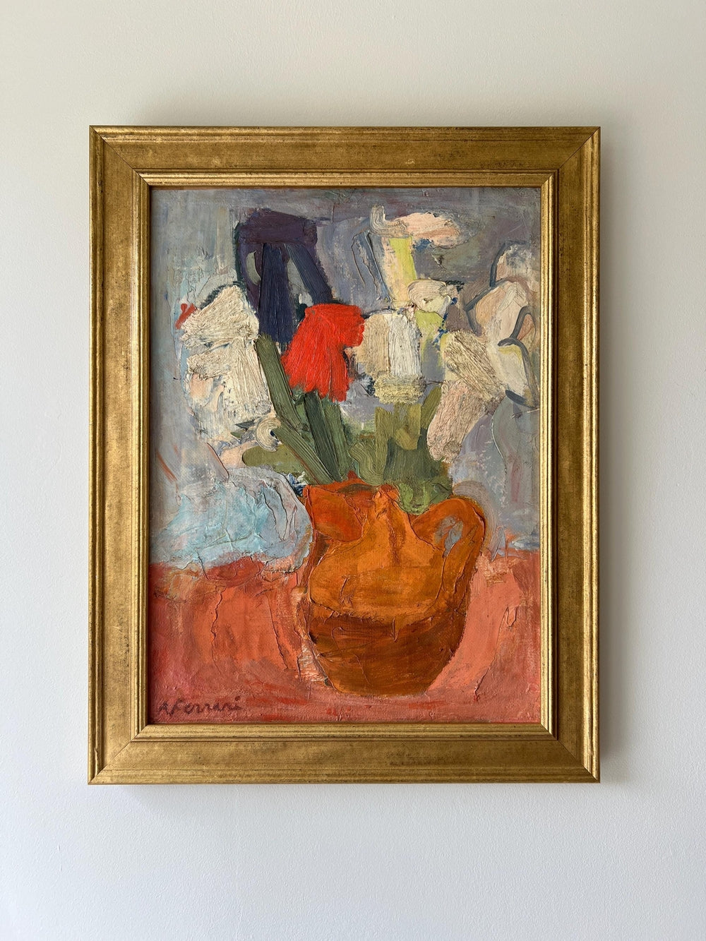 Framed abstract vintage oil painting of tulip flowers with a gilt frame, available at Hue.