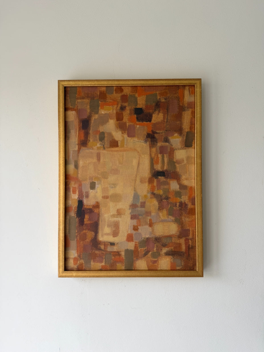Framed vintge oil abstract artwork with geometric ochre shapes. Available at Hue. 
