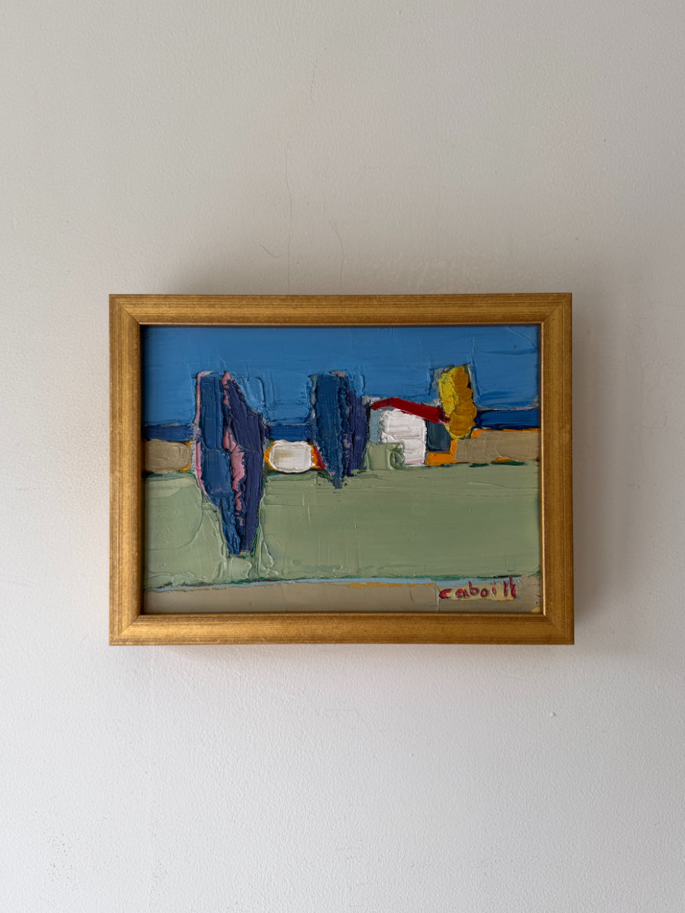 Framed vintage abstract oil painting of a landscape with trees and houses. Available at Hue. 