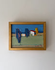 Framed vintage abstract oil painting of a landscape with trees and houses. Available at Hue. 