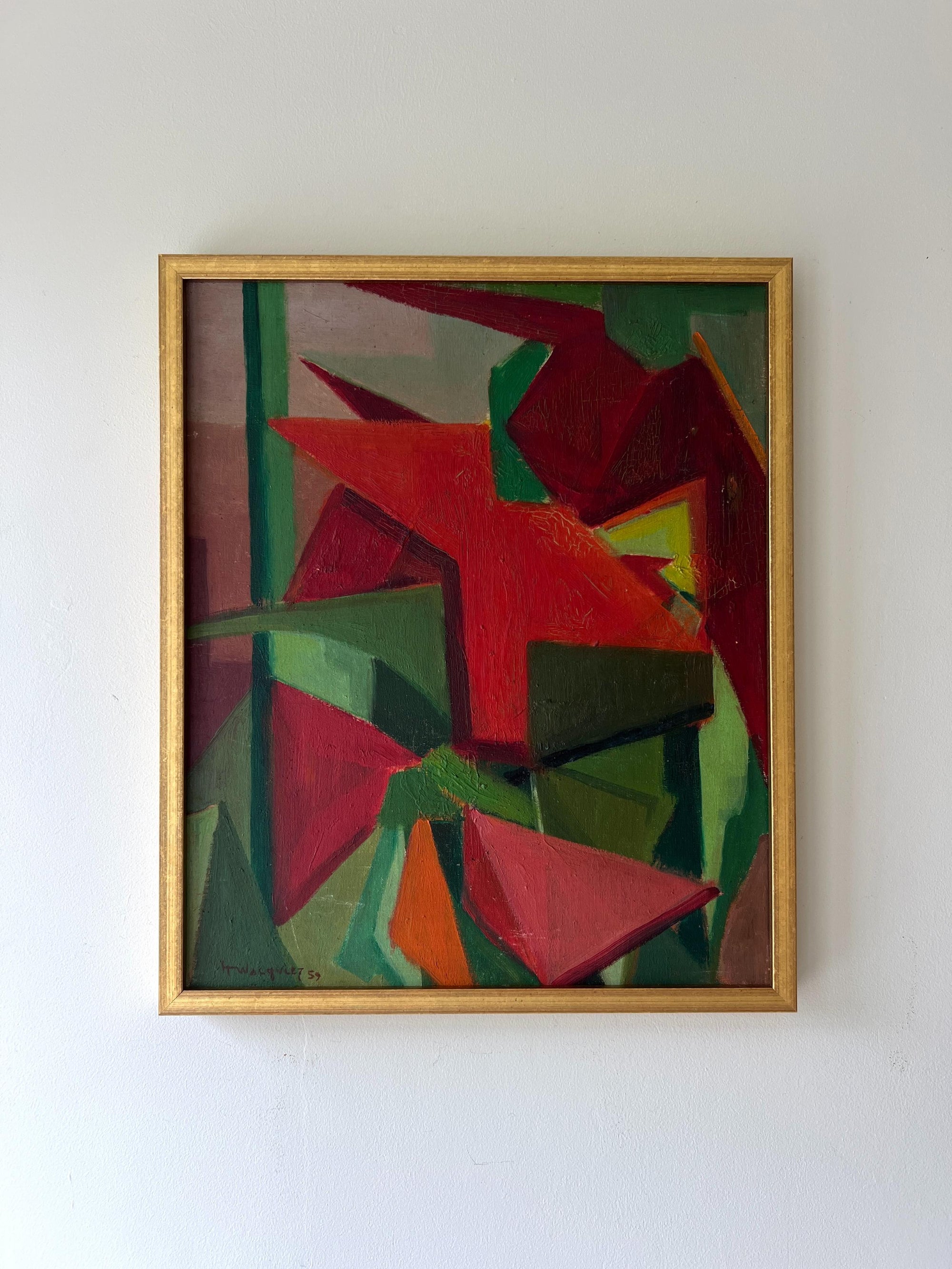 A framed vintage oil painting of an abstract scene in red and green, available at Hue. 