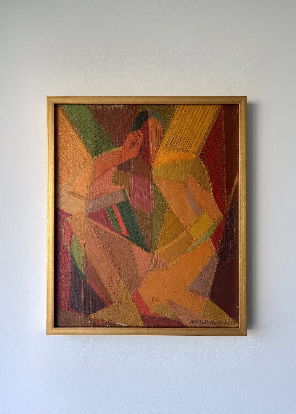 Vintage abstract oil painting of a female figure painted using geometric shapes in warm ochre colours, reminiscent of a cubist or modernist style, available at Hue.