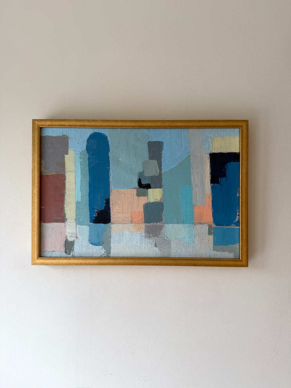 Framed vintage abstract oil painting with geometric shapes. Available at Hue. 