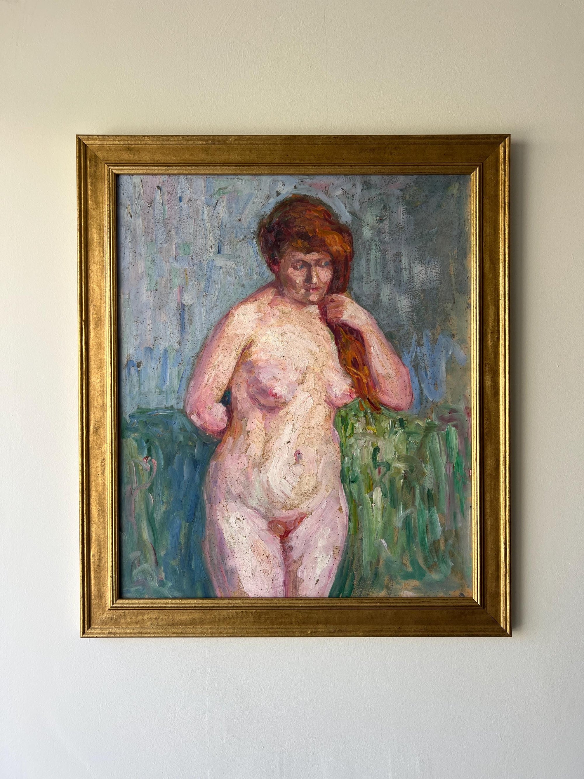 Framed vintage oil  painting of a nude figure in a professional git frame, available at Hue.