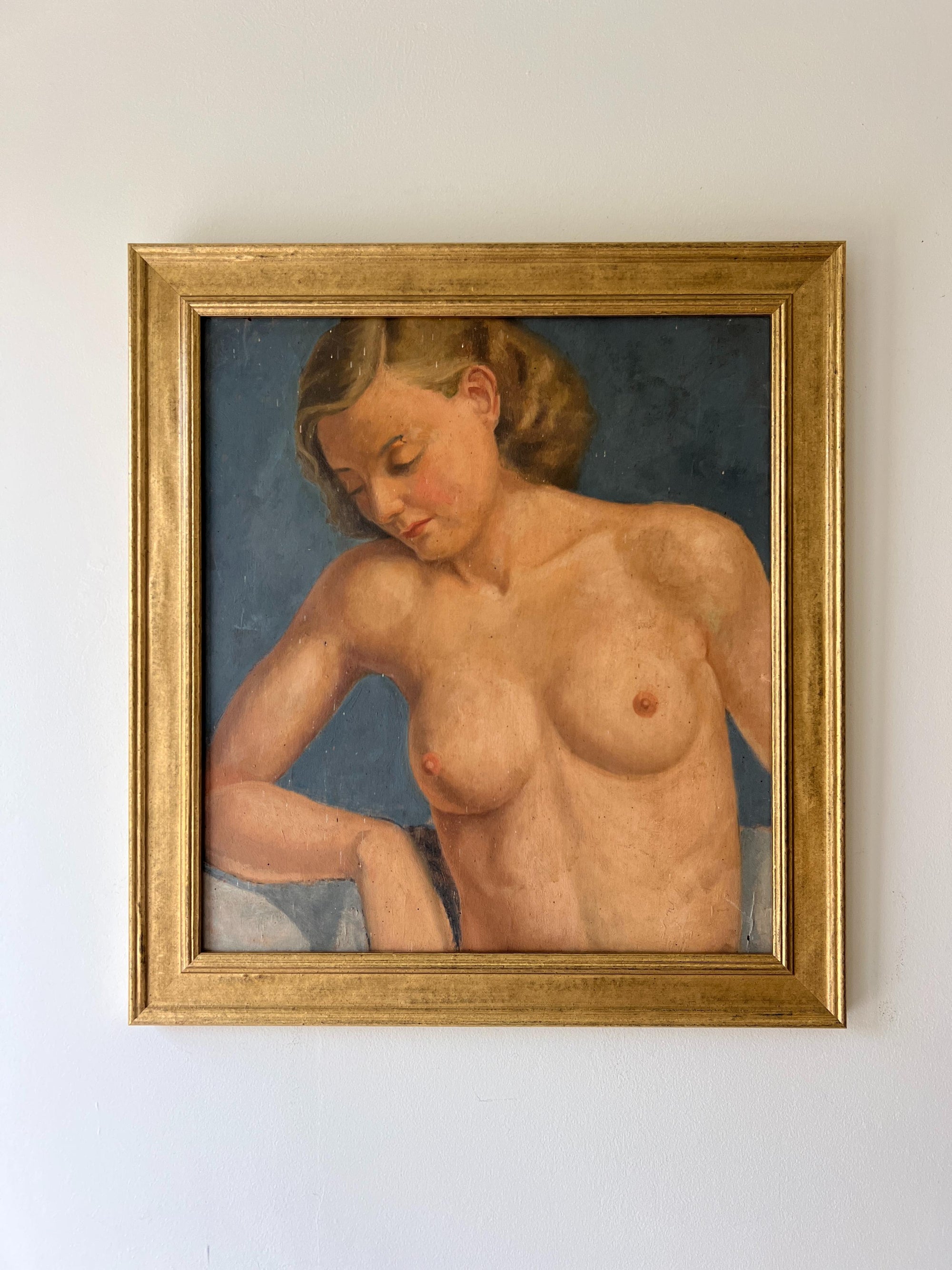 Framed vintage oil painting of a nude figure in a gilt frame, available at Hue.