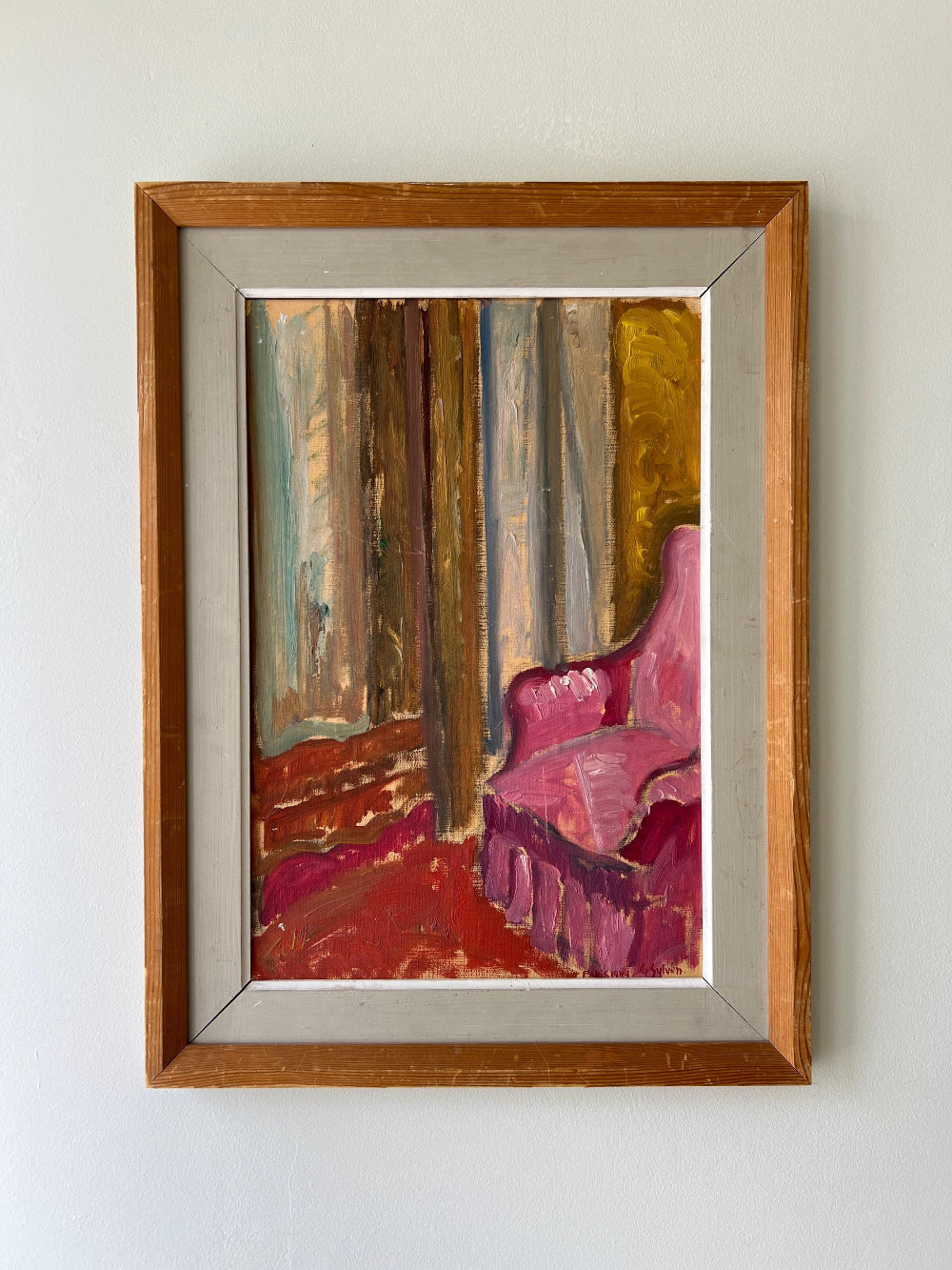 Framed painting of a pink armchair in an interior scene with semi-abstract design, available at Hue