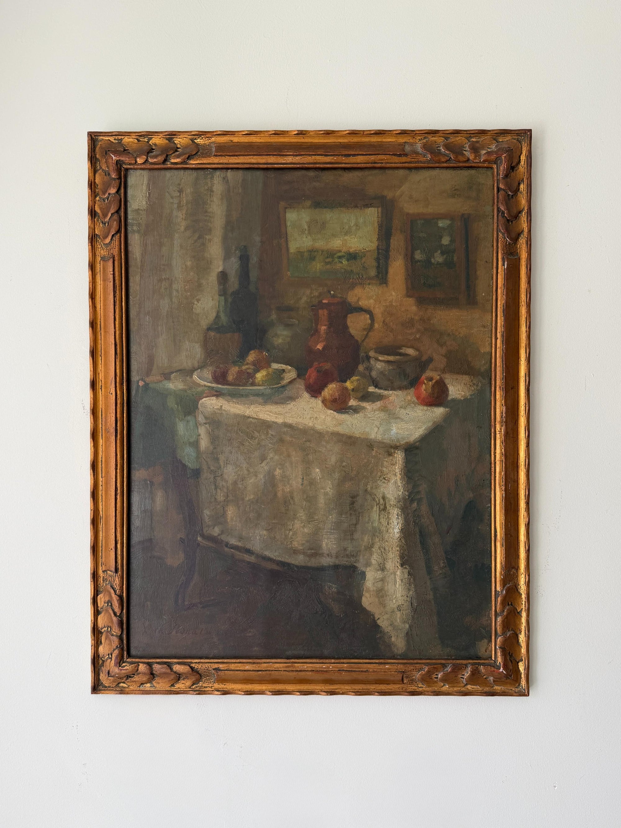 Framed vintage oil painting of a still life scene on a table. Available at Hue. 