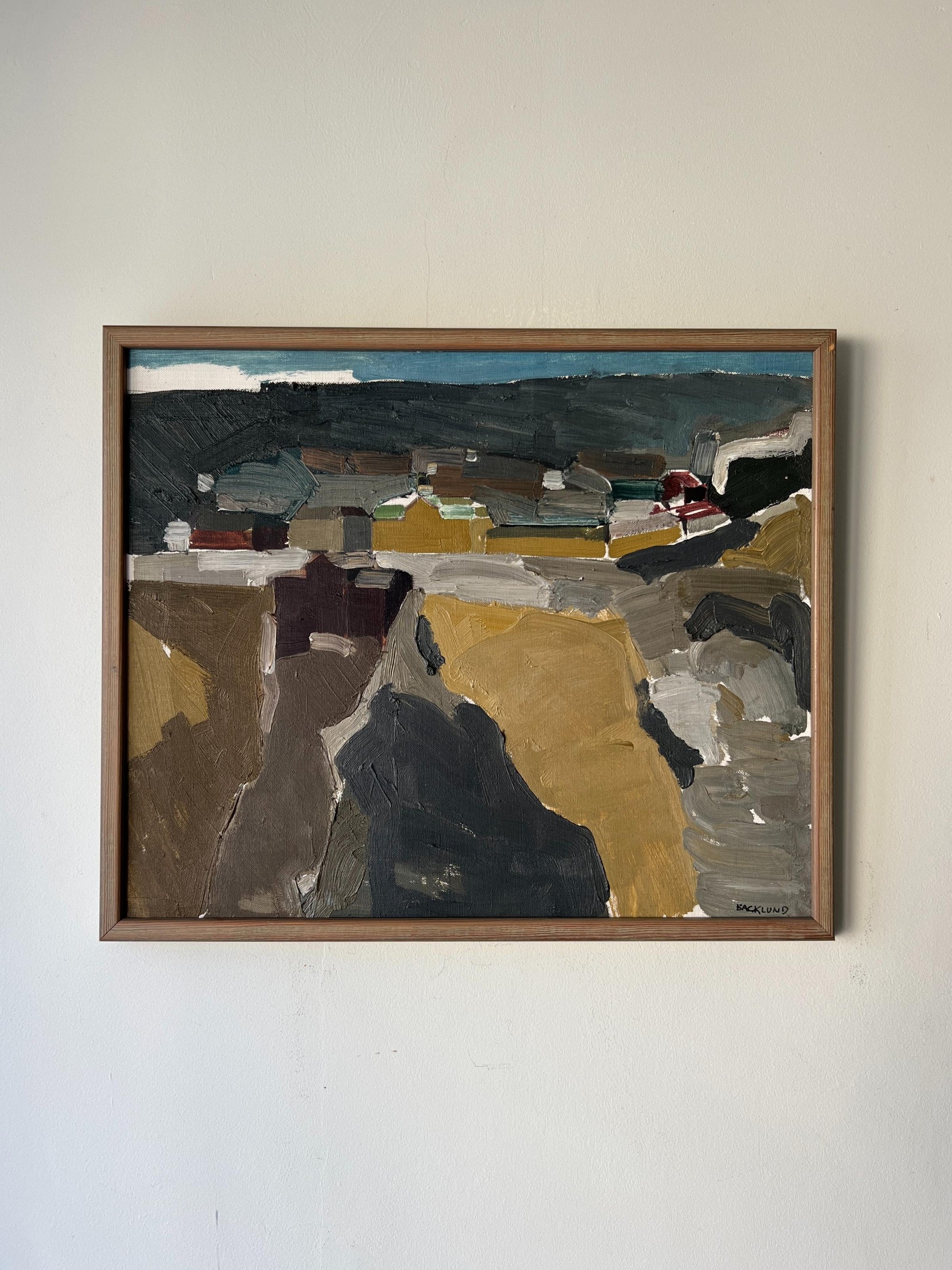 Framed vintage abstract oil landscape painting with ochre and grey colours. Available at Hue. 