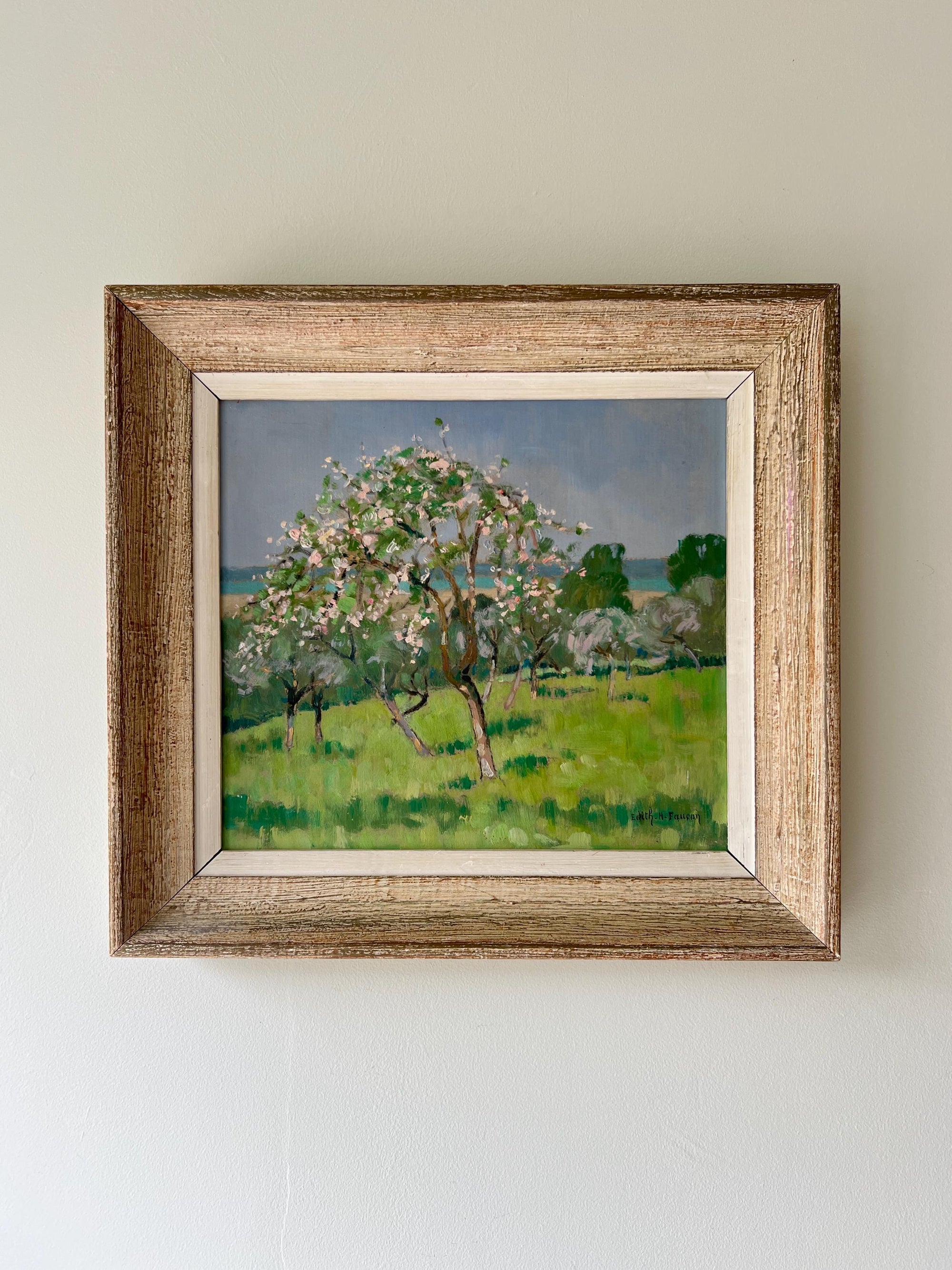 Framed painting of a tree with apple blossom in a french frame, available from hue