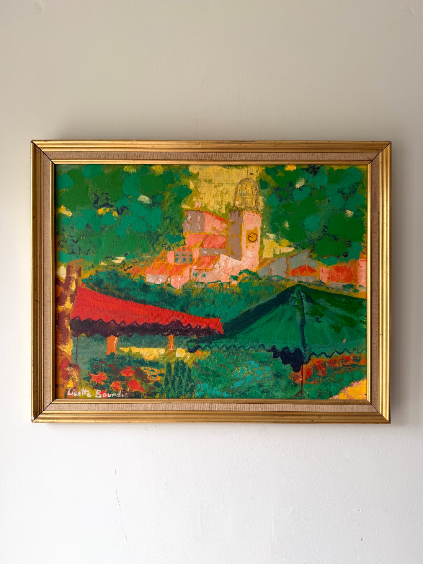 Framed vintage colourful oil painting of a landscape with buildings. Available at Hue. 
