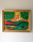 Framed vintage colourful oil painting of a landscape with buildings. Available at Hue. 