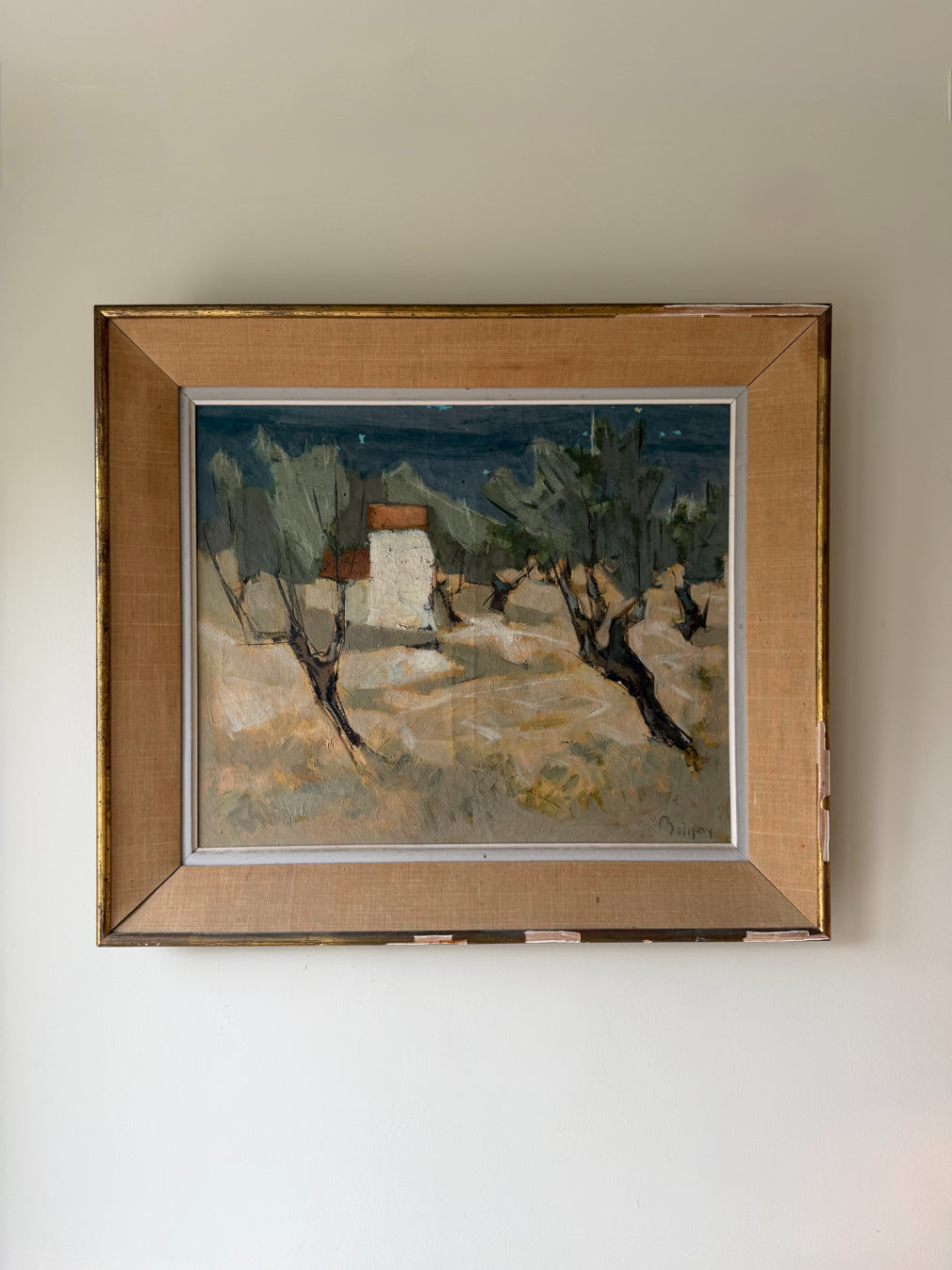 Large framed vintage oil painting of a landscape with a farmhouse and olive trees. Available at Hue. 