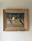 Large framed vintage oil painting of a landscape with a farmhouse and olive trees. Available at Hue. 