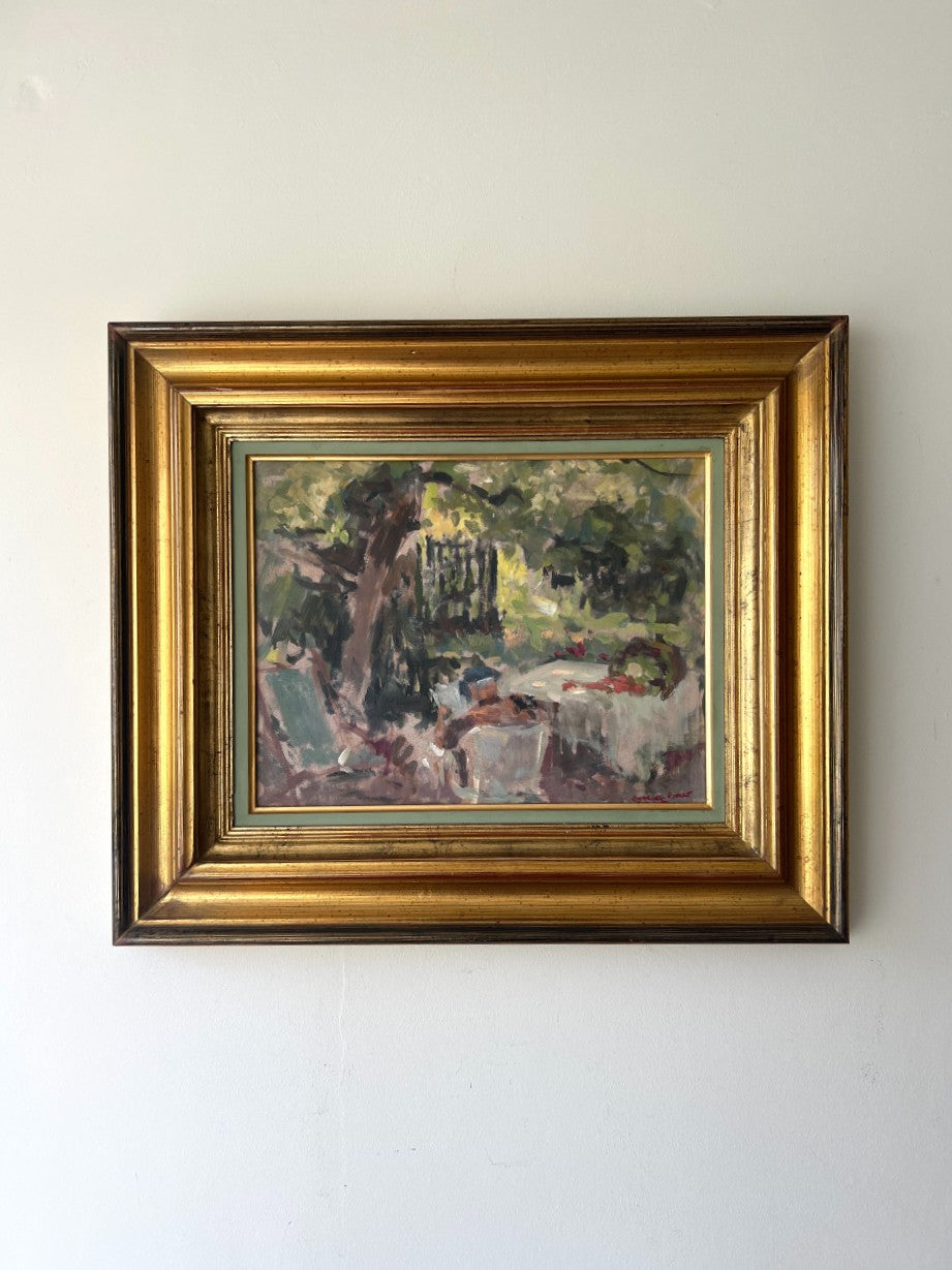 Framed vinatge oil painting of a garden scene. Available at Hue.