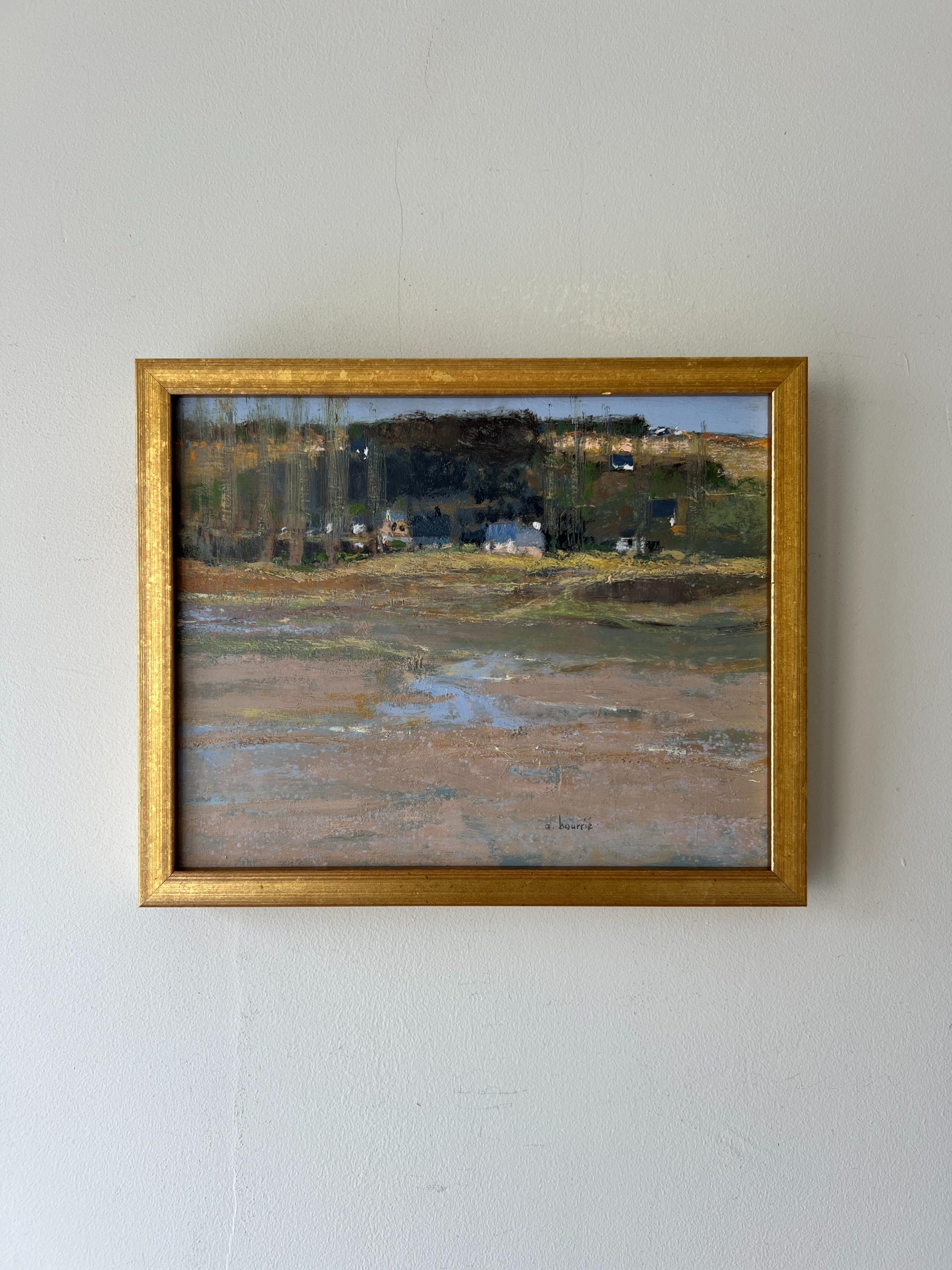 Framed vintage landscape oil painting of the French countryside with cottages. Available at Hue.