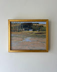Framed vintage landscape oil painting of the French countryside with cottages. Available at Hue.