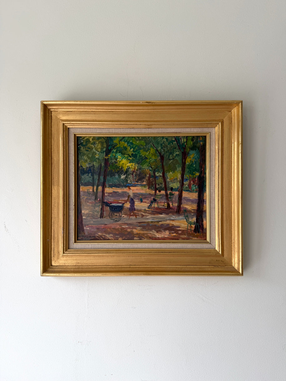 Framed vinatge oil painting of a Parisian park scene. Available at Hue. 