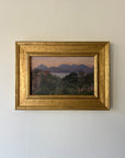 Framed vintage landscape oil painting of a palm forest with distant mountains. Available at Hue.