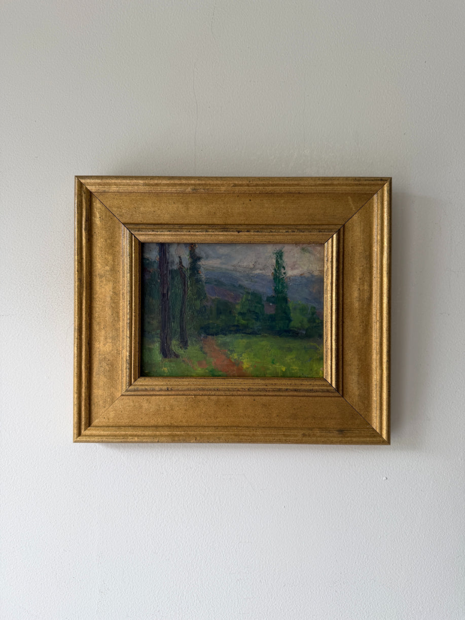 Framed vintage oil painting of a landscape with trees and a path. Available at Hue.