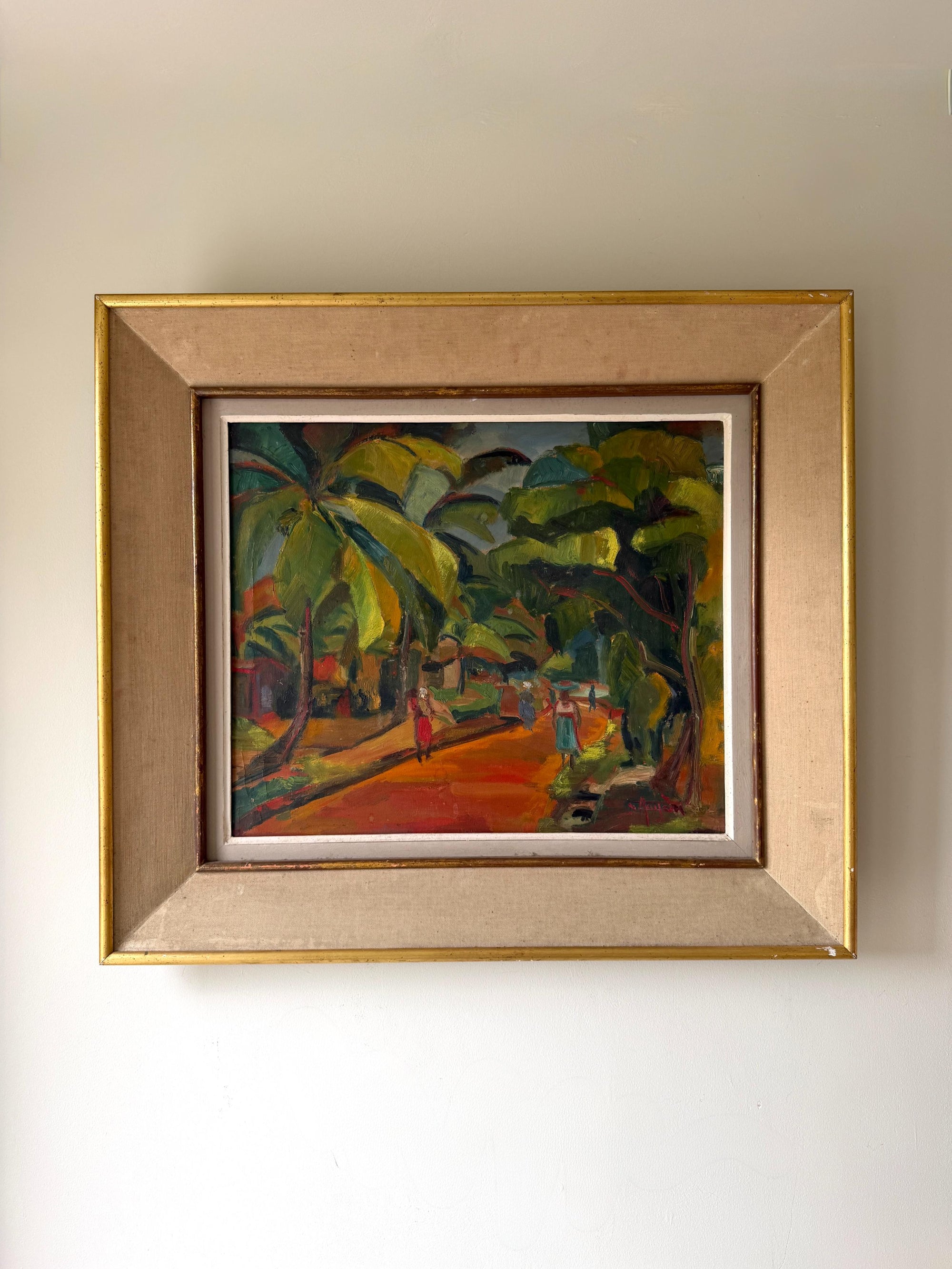 Framed vintage oil painting of a tropical avenue with palm trees. Available at Hue.