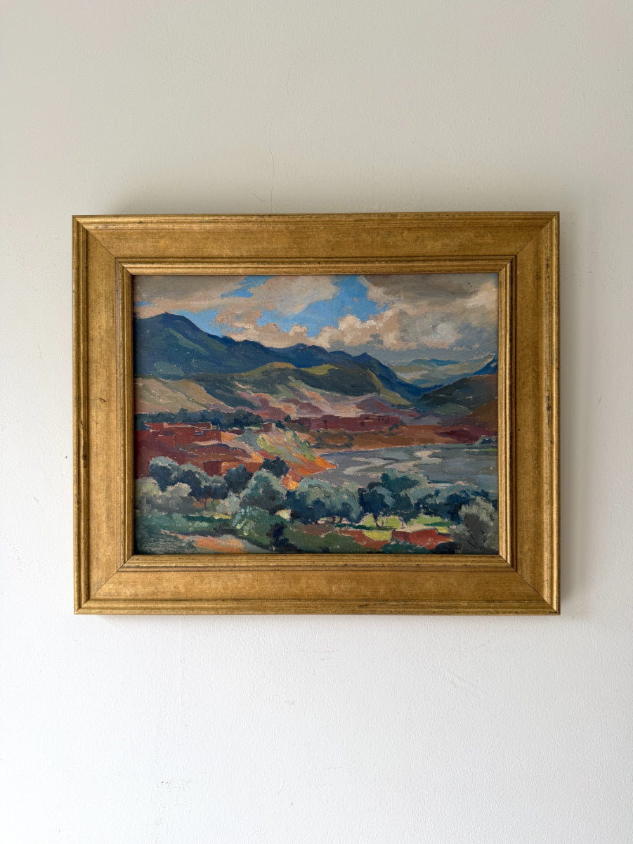 Framed vinatge oil painting of a landscape with mountains and olive trees. Available at Hue. 