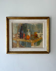 Framed vintage oil painting of a still life scene with bottles and oranges. Available at Hue. 
