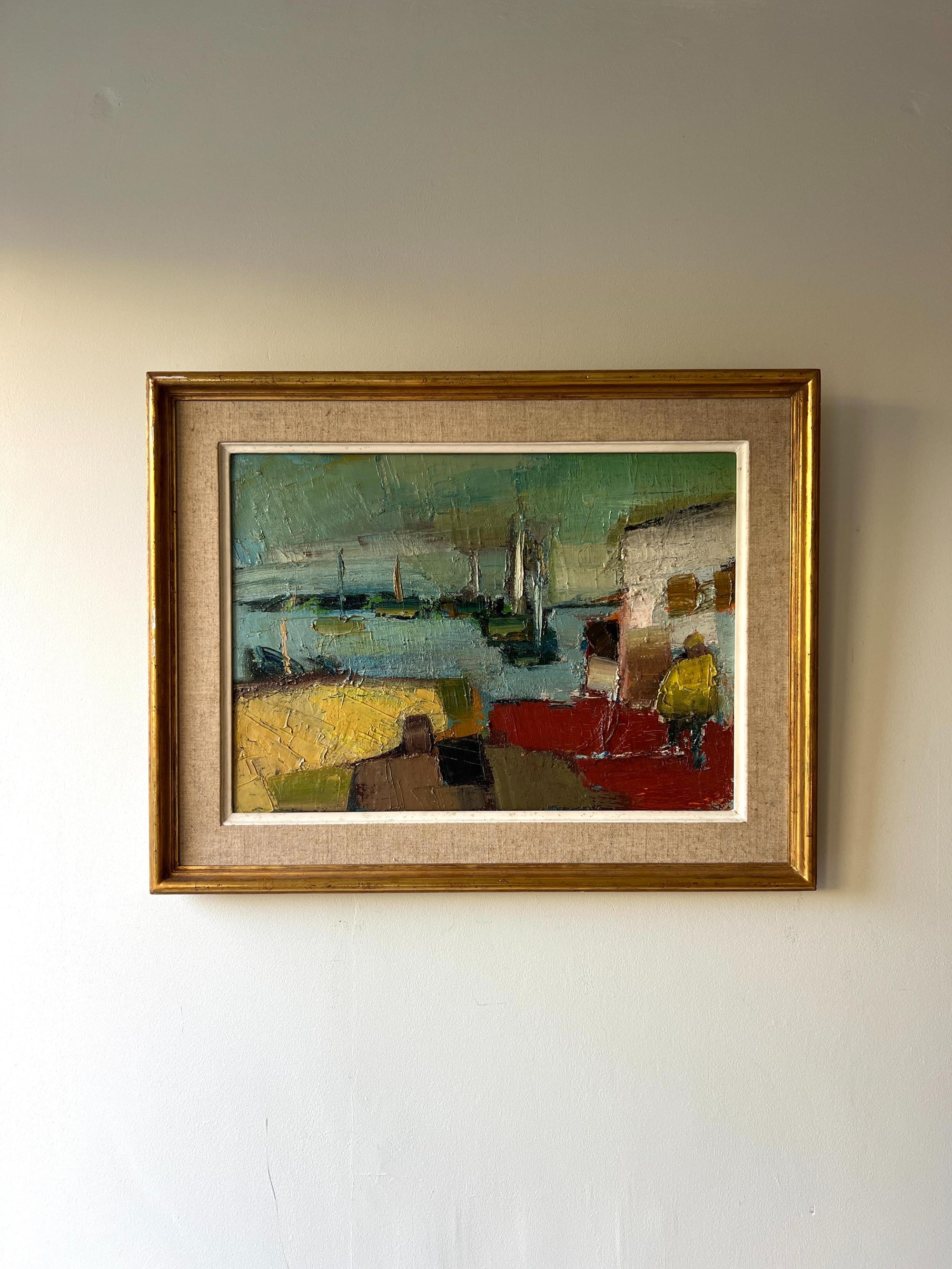 Framed vintage oil painting of a harbour scene with sailing boats and an abstract figure, available at Hue. 