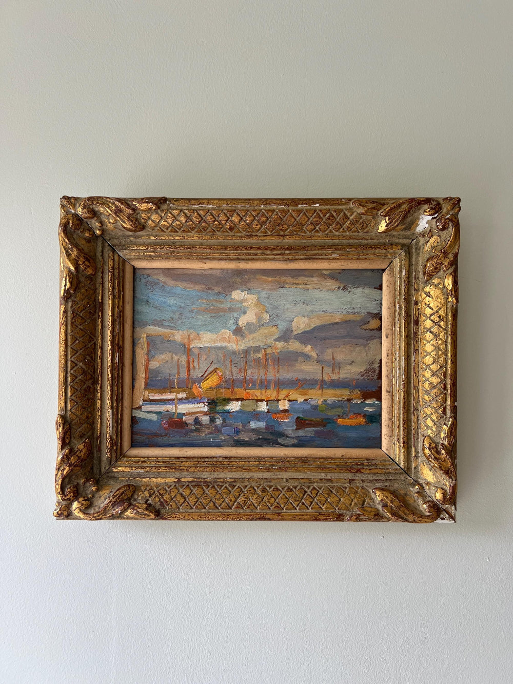 Framed vintage oil  painting of a harbour scene with boats in an ornate gilt frame, available at Hue.