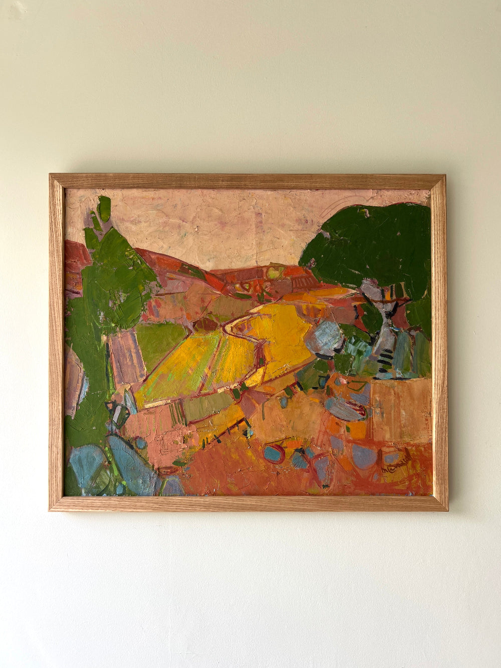 Framed vintage abstract landscape with a collage of various shapes and colours, available at Hue.