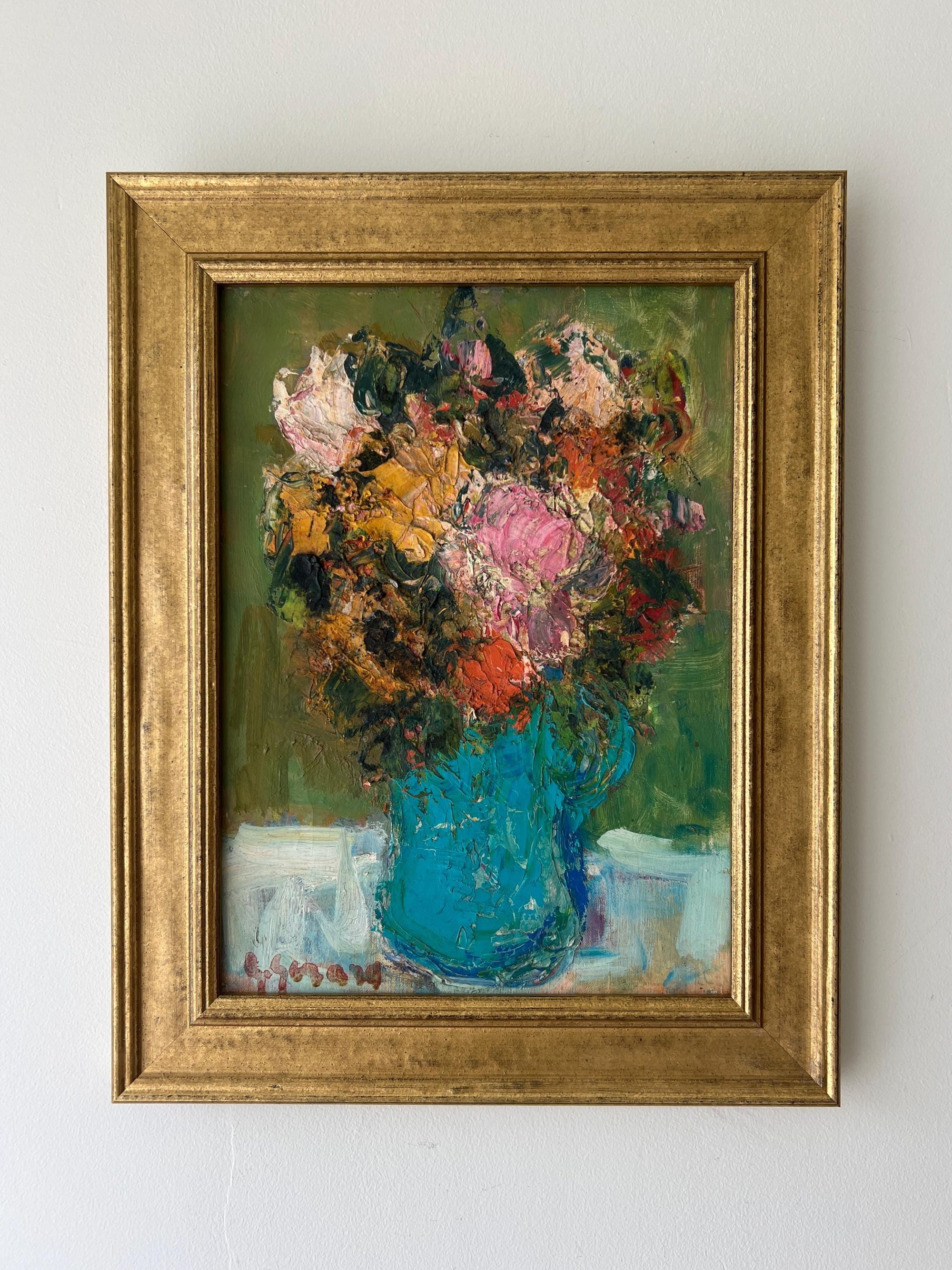 Framed vintage oil painting of a bouquet of flowers in a blue turquoise vase in a  professional gilt frame, available at Hue.