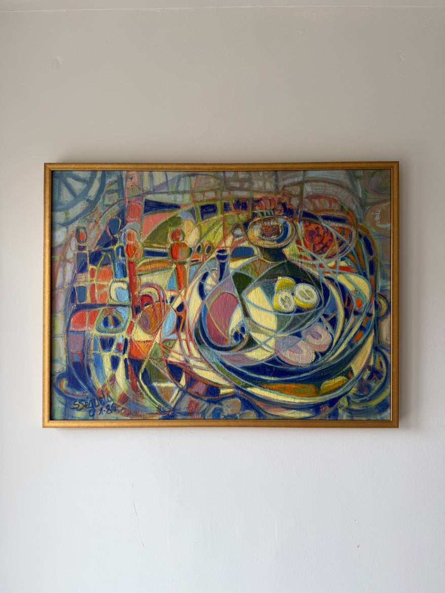 Colourful abstract vintage oil painting with lemons. Available at Hue. 