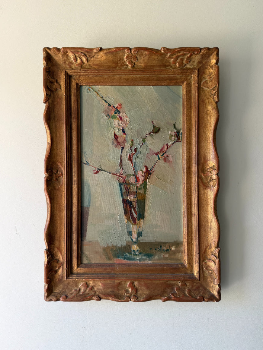 Framed vintage oil painting of a still life with blossom flowers. Available at Hue. 