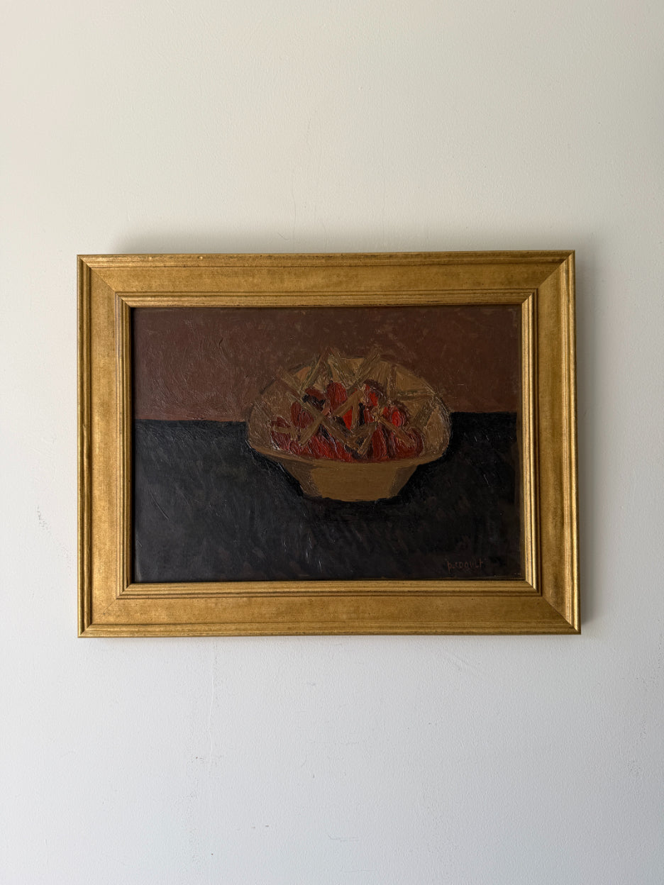 A framed vintage still life oil painting depicting a bowl of red cherries on a dark surface. Available at Hue. 