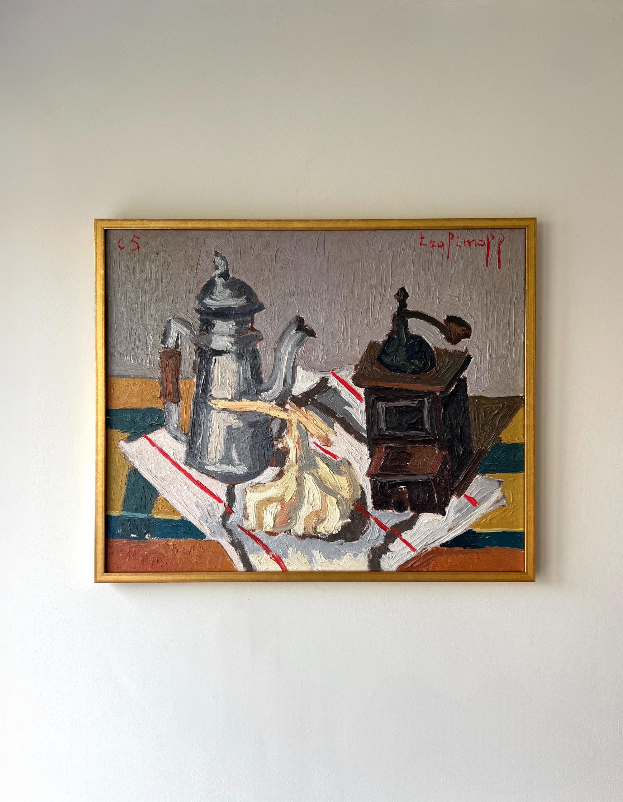 Framed, vintage still life oil painting of a coffee pot and grinder. Available at Hue/.