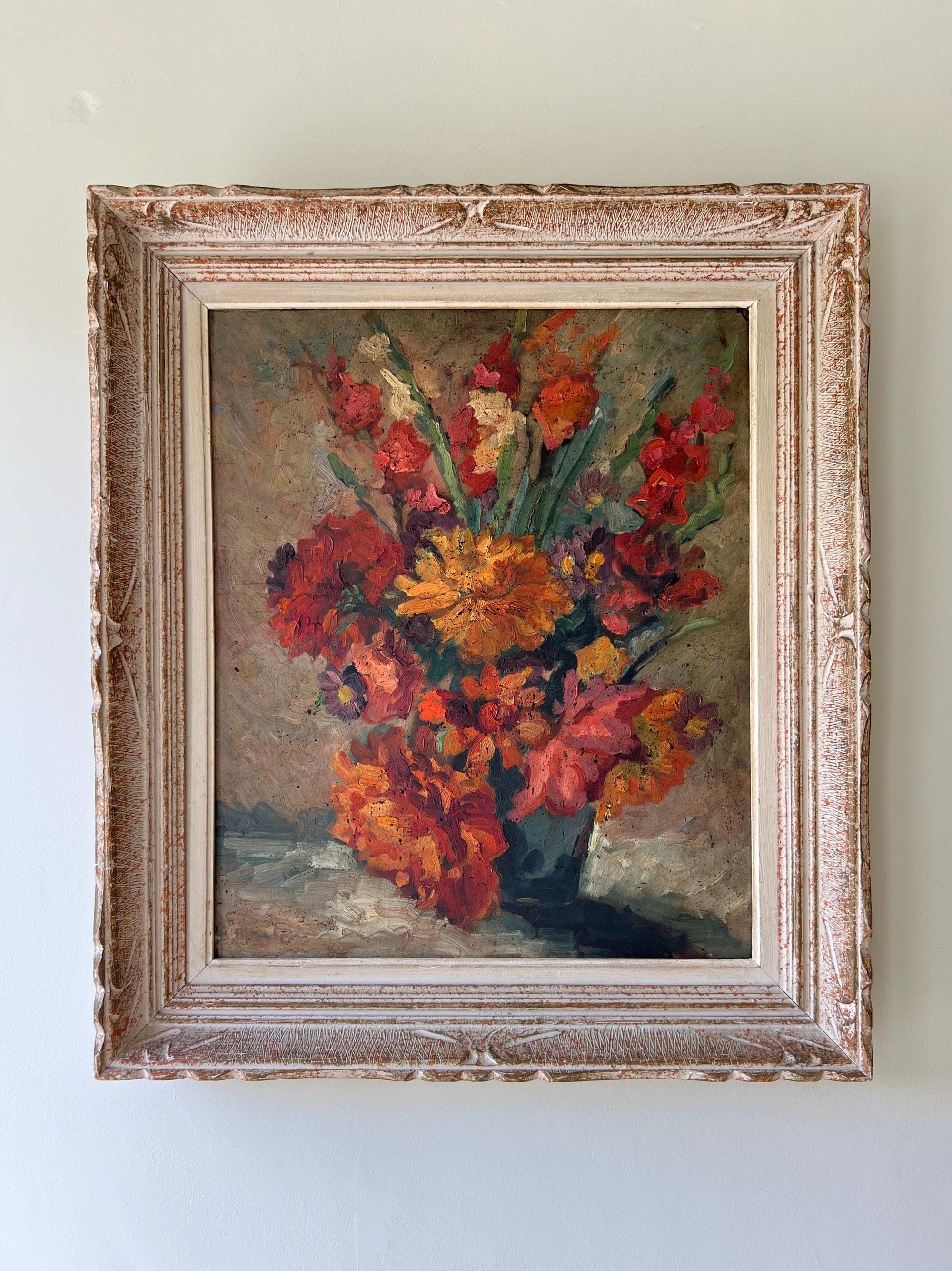 Framed painting of a bouquet of dahlias and gladioli flowers in a typical French frame, available from hue