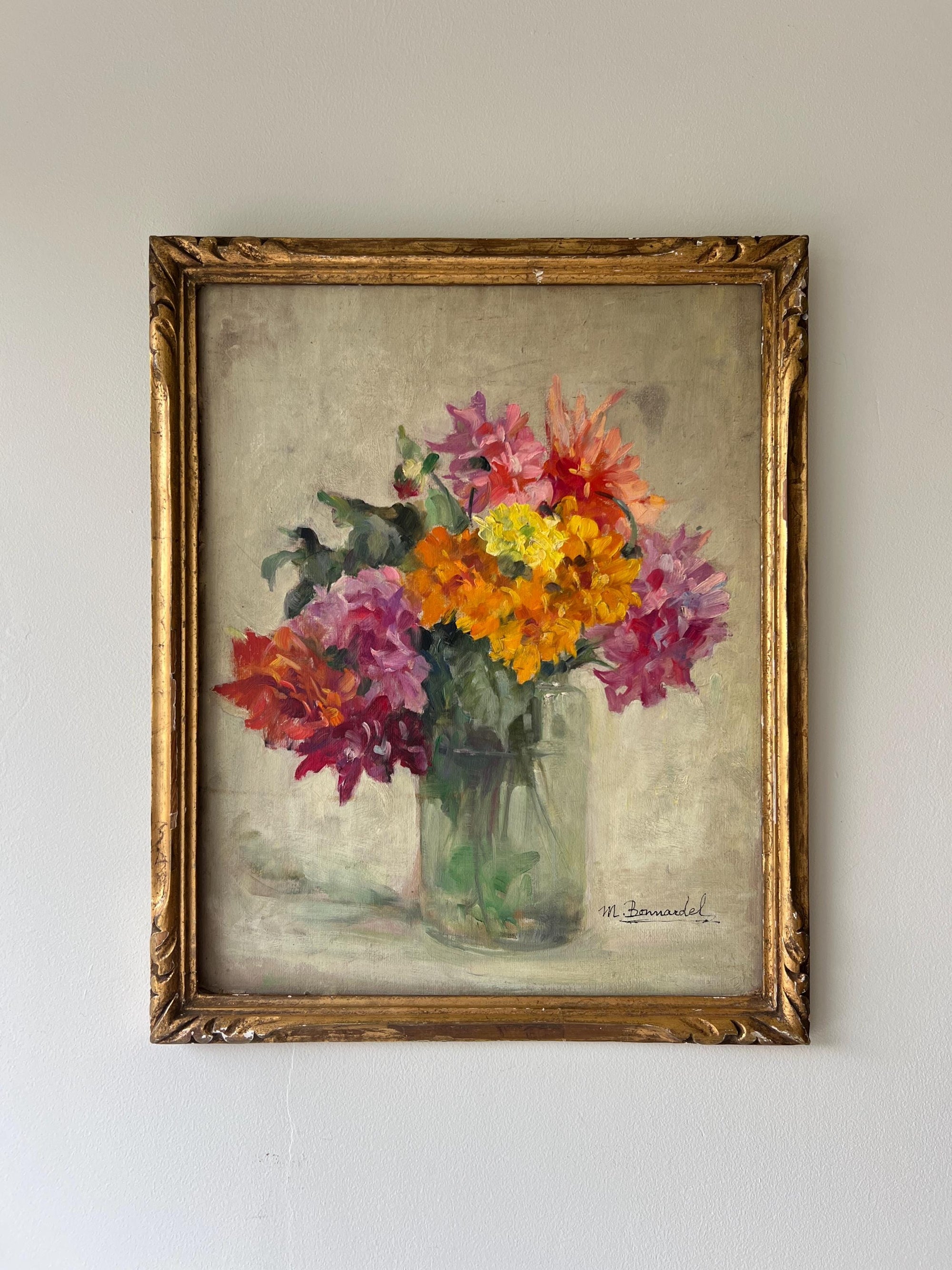 Framed vintage oil painting of dahlia flowers in a glass jar in a vintage gilt frame, available at Hue