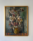 Framed vintage oil painting of a still life with flowers and a vase. Available at Hue. 
