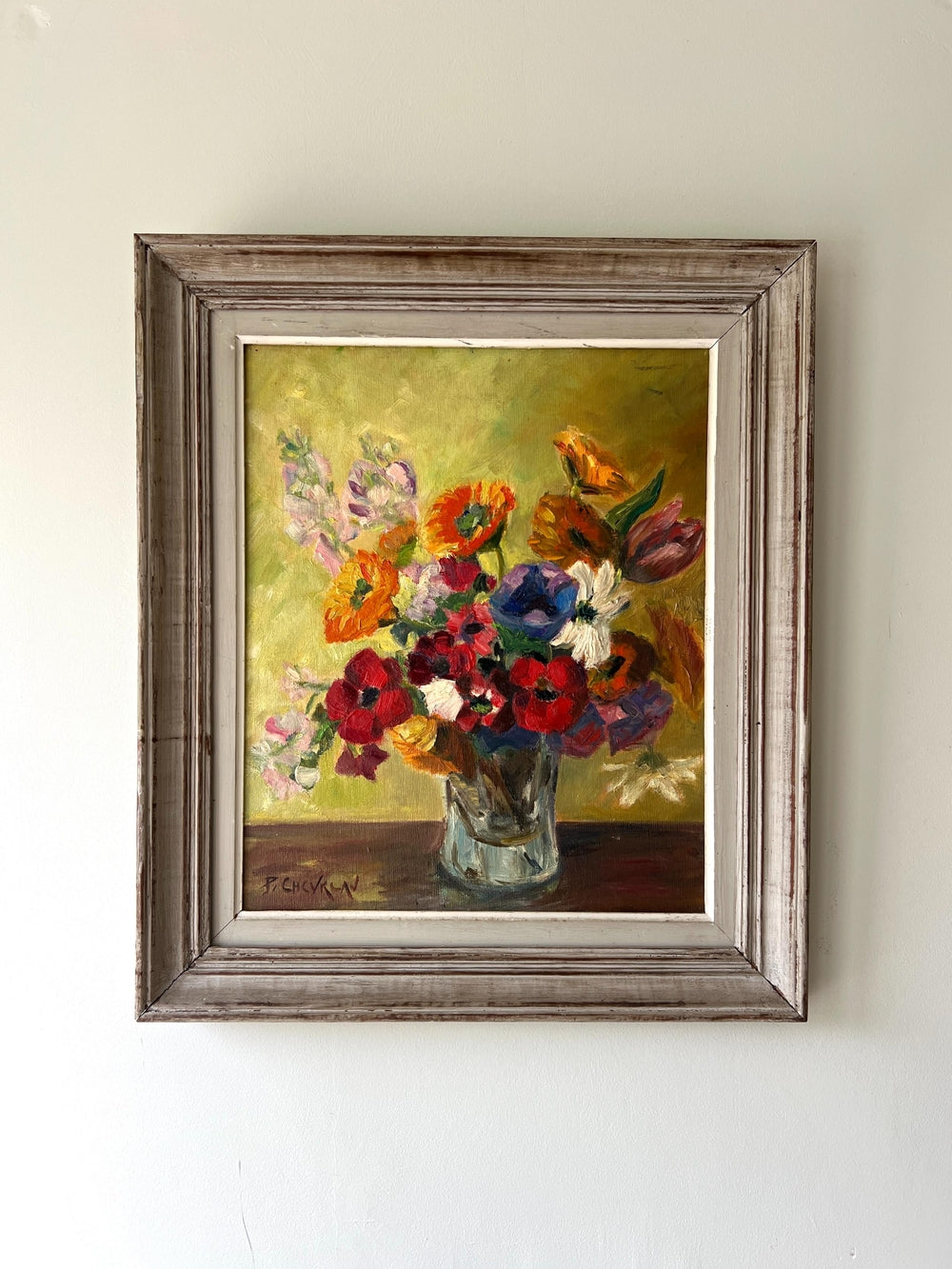 Framed vintage painting of a colorful bouquet of flowers available at Hue