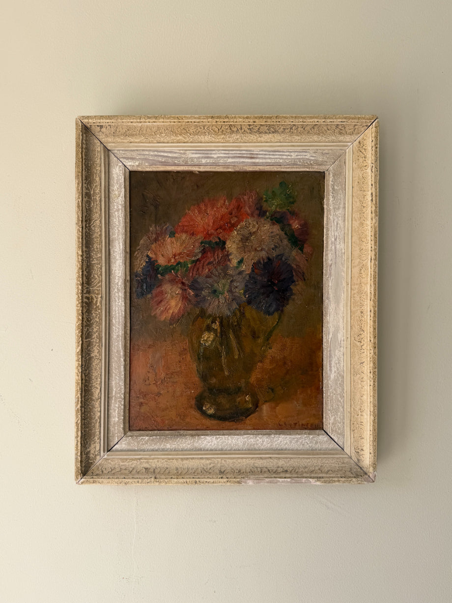 Framed vintage oil painting of flowers in a vase. Avaulable at Hue. 