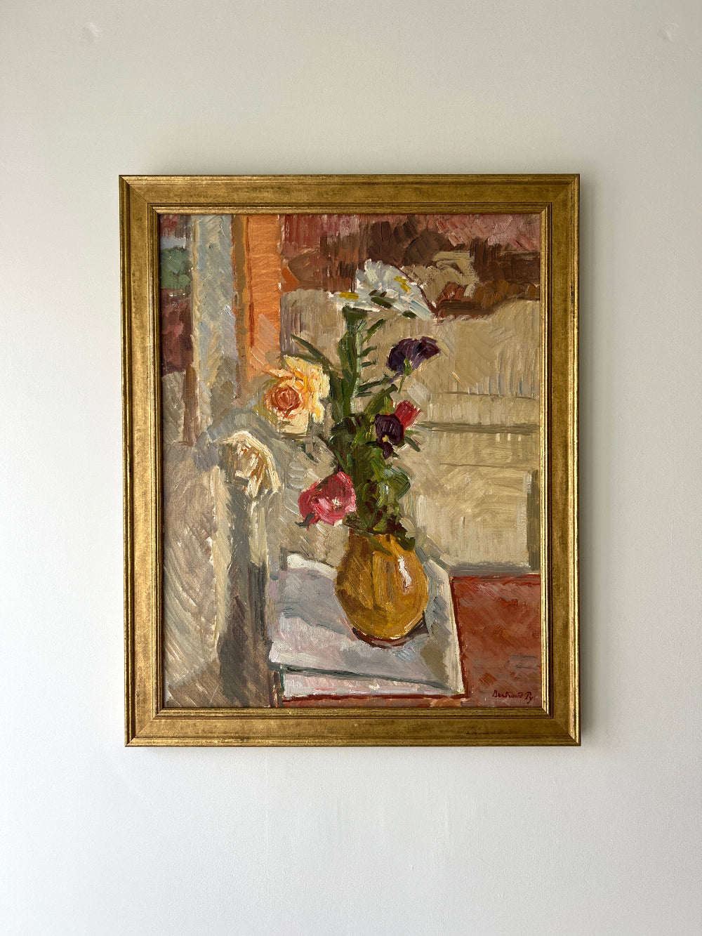 Framed vintage oil painting of still life florals in a deep yellow vase professionally re-framed, available at Hue.