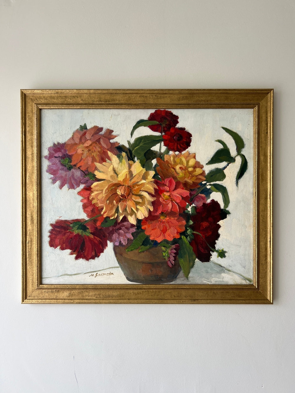 Framed, vintage, still life oil painting of a bouquet of red flowers, available at Hue.