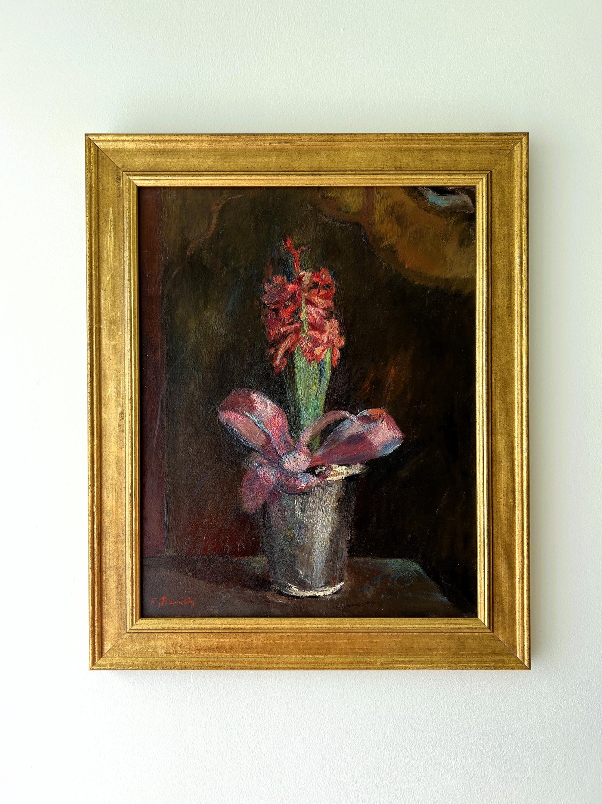 Framed vintage oil painting of hyacinth flowers in a pot in a professional gilt frame, available at Hue.