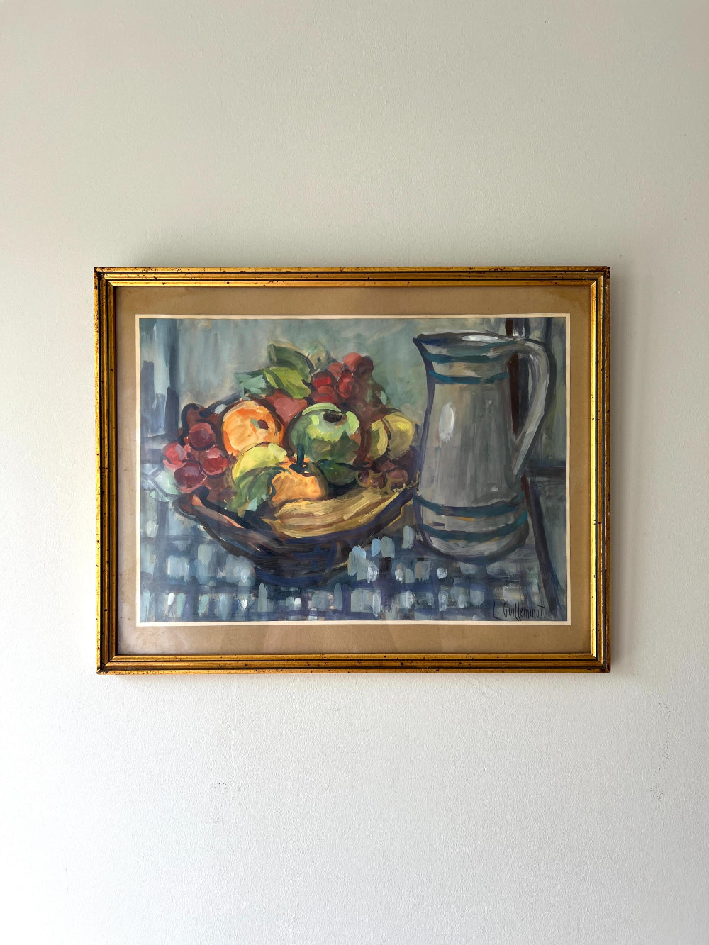 Framed vintage still life oil painting of fruits and a jug in a gilt frame, available at Hue